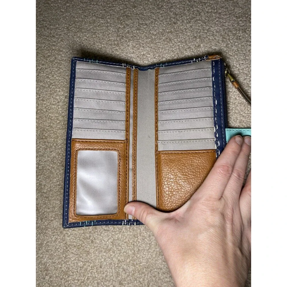 Fossil Logan Flap Clutch Navy Blue Teal Dash Canvas Leather
